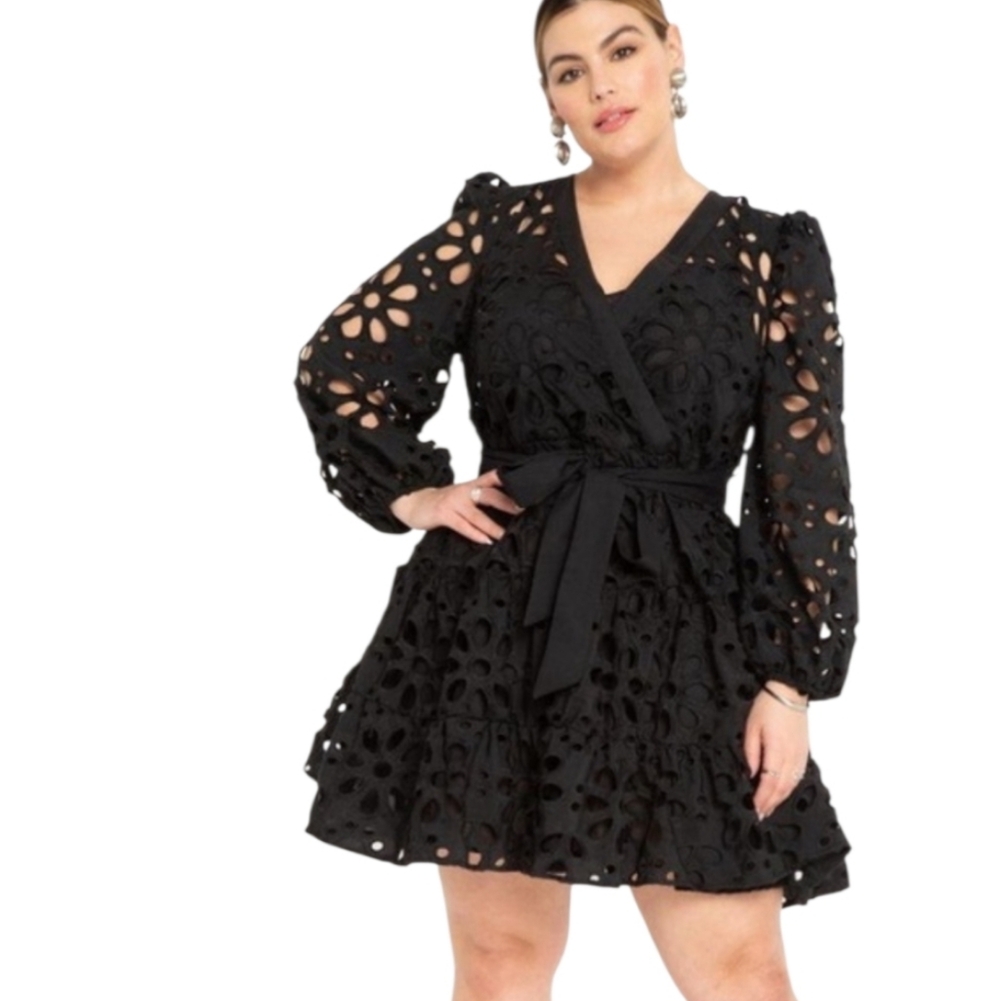 Eloquii Black Eyelet Long Sleeve Wrap Dress